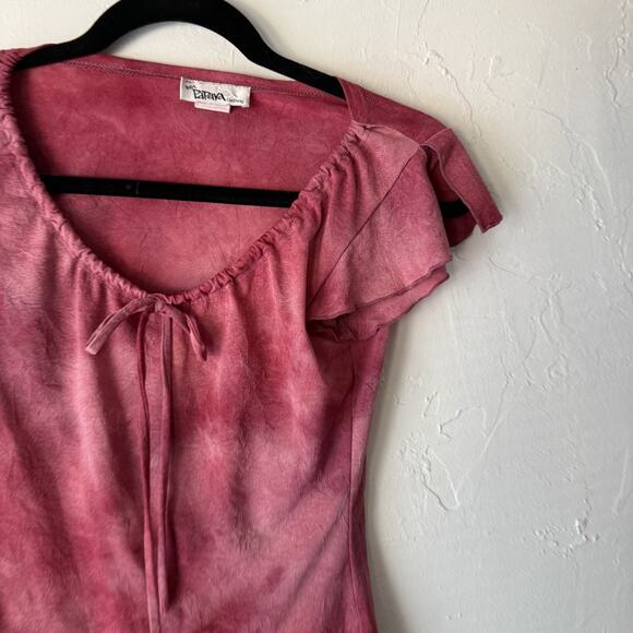 Hot Papaya Y2k Shirt Small Red Sheer Tie Dye Flutter Sleeve Y2K Festival Top - Picture 2 of 7